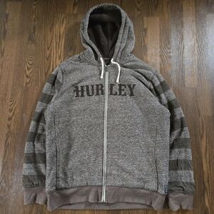 Y2K Hurley Zip-Up Hoodie 2000s brown sherpa lined sweater with logo - Mens XL